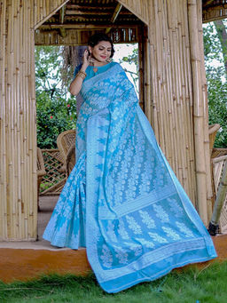 Odette - Women Blue Cotton Blend Woven Saree with Unstitched Blouse