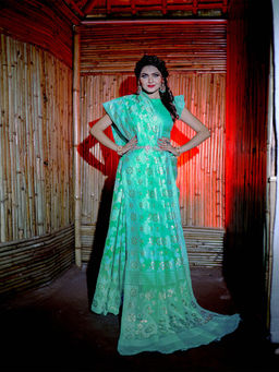 Odette - Women Green Cotton Blend Woven Saree with Unstitched Blouse