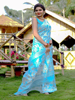 Odette - Women Blue Cotton Blend Woven Saree with Unstitched Blouse