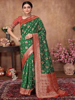 Odette - Women Green & Red Silk Saree with Unstitched Blouse