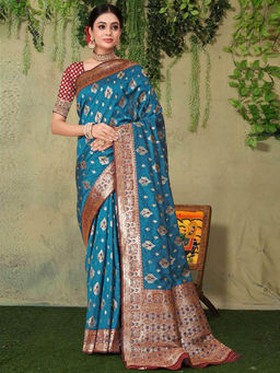 Odette - Women Blue Silk Saree with Unstitched Blouse
