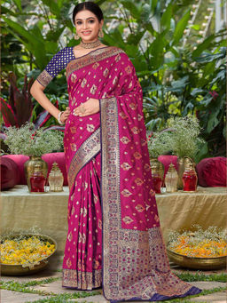 Odette - Women Pink & Purple Silk Saree with Unstitched Blouse