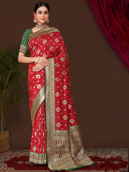 Odette - Women Red Silk Saree with Unstitched Blouse