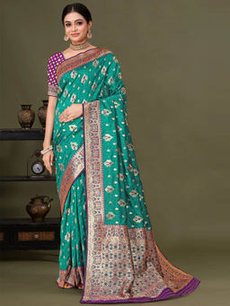 Odette - Women Teal Silk Saree with Unstitched Blouse