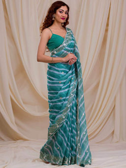 Odette - Women Teal Georgette Saree with Unstitched Blouse
