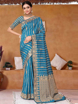 Odette - Women Teal Silk Saree with Unstitched Blouse