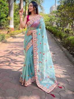 Odette - Women Green Embroidered Net Saree with Unstitched Blouse