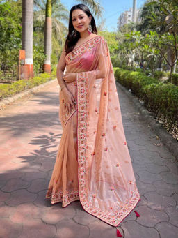 Odette - Women Peach Embroidered Net Saree with Unstitched Blouse