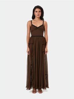 BEYOND - Brown Embellished Ruffle Gown