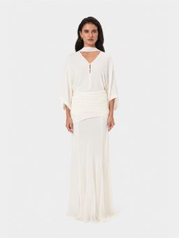 BEYOND - White Ruched Waist Kimono Gown with Scarf