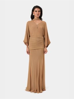 BEYOND - Tan Ruched Waist Kimono Gown with Scarf