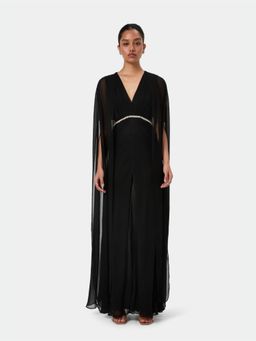 BEYOND - Black Embellished Draped Shoulder Gown