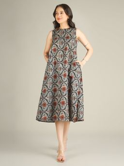 SPARSA - Dusty Blue Printed Sleeveless A-Line Cotton Dress
