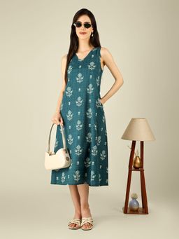 SPARSA - Teal Blue Printed Sleeveless V-Neck A-Line Cotton Dress