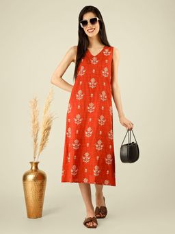SPARSA - Orange Printed Sleeveless V-Neck A-Line Cotton Dress