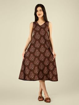 SPARSA - Brown Printed Sleeveless V-Neck A-Line Cotton Dress