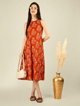 SPARSA - Orange Printed Sleeveless A-Line Cotton Dress