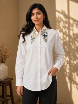 UNIMODA - White Hand-Embroidered Poplin Collar Shirt