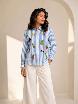 UNIMODA - Blue Handcrafted Aari Work Cotton Twill Line Shirt