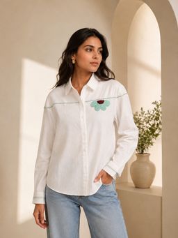 UNIMODA - White The Loom and Needle Hand-Embroidered Poplin Shirt