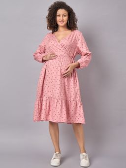 Mine4Nine - Pink Floral Printed Maternity and Nursing Dress with Side Wrap