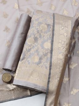 MEENA BAZAAR - Grey Chanderi Self Design Unstitched Kurta & Bottom with Dupatta