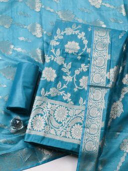 MEENA BAZAAR - Blue Chanderi Floral Unstitched Kurta & Bottom with Dupatta