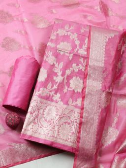 MEENA BAZAAR - Pink Chanderi Floral Unstitched Kurta & Bottom with Dupatta