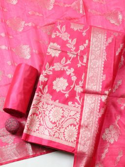MEENA BAZAAR - Magenta Chanderi Floral Unstitched Kurta & Bottom with Dupatta