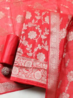 MEENA BAZAAR - Red Chanderi Floral Unstitched Kurta & Bottom with Dupatta
