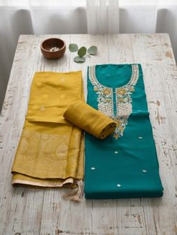 MEENA BAZAAR - Green Chanderi Embroidered Unstitched Kurta & Bottom with Dupatta