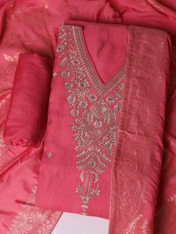 MEENA BAZAAR - Pink Chanderi Embroidered Unstitched Kurta & Bottom with Dupatta