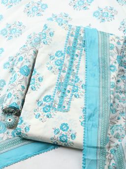 MEENA BAZAAR - Blue Cotton Floral Unstitched Kurta & Bottom with Dupatta