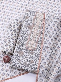 MEENA BAZAAR - Peach Cotton Floral Unstitched Kurta & Bottom with Dupatta
