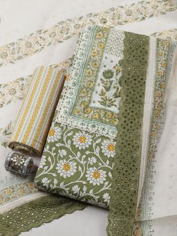 MEENA BAZAAR - Green Cotton Floral Unstitched Kurta & Bottom with Dupatta