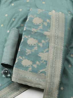 MEENA BAZAAR - Aqua Chanderi Floral Unstitched Kurta & Bottom with Dupatta
