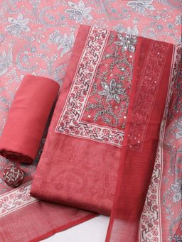 MEENA BAZAAR - Red Cotton Floral Unstitched Kurta & Bottom with Dupatta