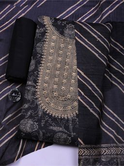 MEENA BAZAAR - Black Cotton Printed Unstitched Kurta & Bottom with Dupatta