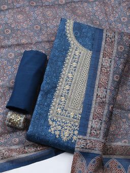 MEENA BAZAAR - Blue Cotton Printed Unstitched Kurta & Bottom with Dupatta