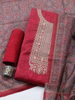 MEENA BAZAAR - Red Cotton Printed Unstitched Kurta & Bottom with Dupatta