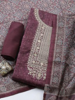 MEENA BAZAAR - Wine Cotton Printed Unstitched Kurta & Bottom with Dupatta