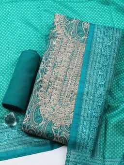 MEENA BAZAAR - Green Cotton Printed Unstitched Kurta & Bottom with Dupatta