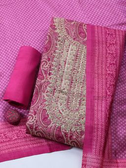 MEENA BAZAAR - Pink Cotton Printed Unstitched Kurta & Bottom with Dupatta