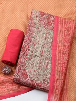 MEENA BAZAAR - Red Cotton Printed Unstitched Kurta & Bottom with Dupatta