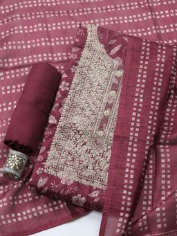 MEENA BAZAAR - Wine Cotton Printed Unstitched Kurta & Bottom with Dupatta