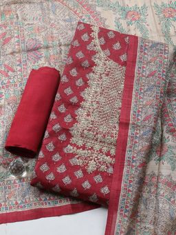 MEENA BAZAAR - Maroon Cotton Printed Unstitched Kurta & Bottom with Dupatta