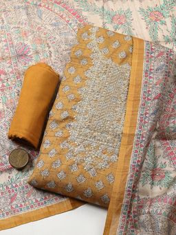 MEENA BAZAAR - Mustard Cotton Printed Unstitched Kurta & Bottom with Dupatta