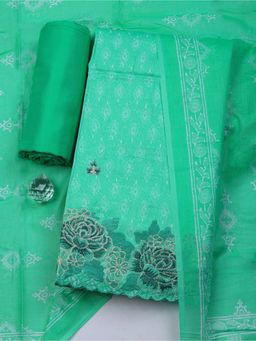 MEENA BAZAAR - Green Cotton Floral Unstitched Kurta & Bottom with Dupatta