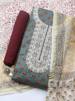 MEENA BAZAAR - Green Cotton Floral Unstitched Kurta & Bottom with Dupatta