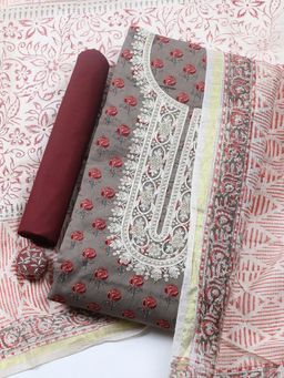 MEENA BAZAAR - Green Cotton Floral Unstitched Kurta & Bottom with Dupatta